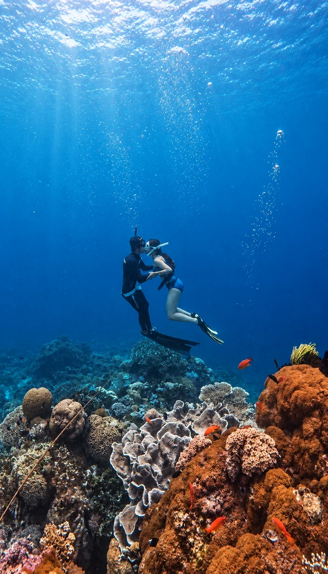 Mauric and Nadya swimming together above a colourful coral reef